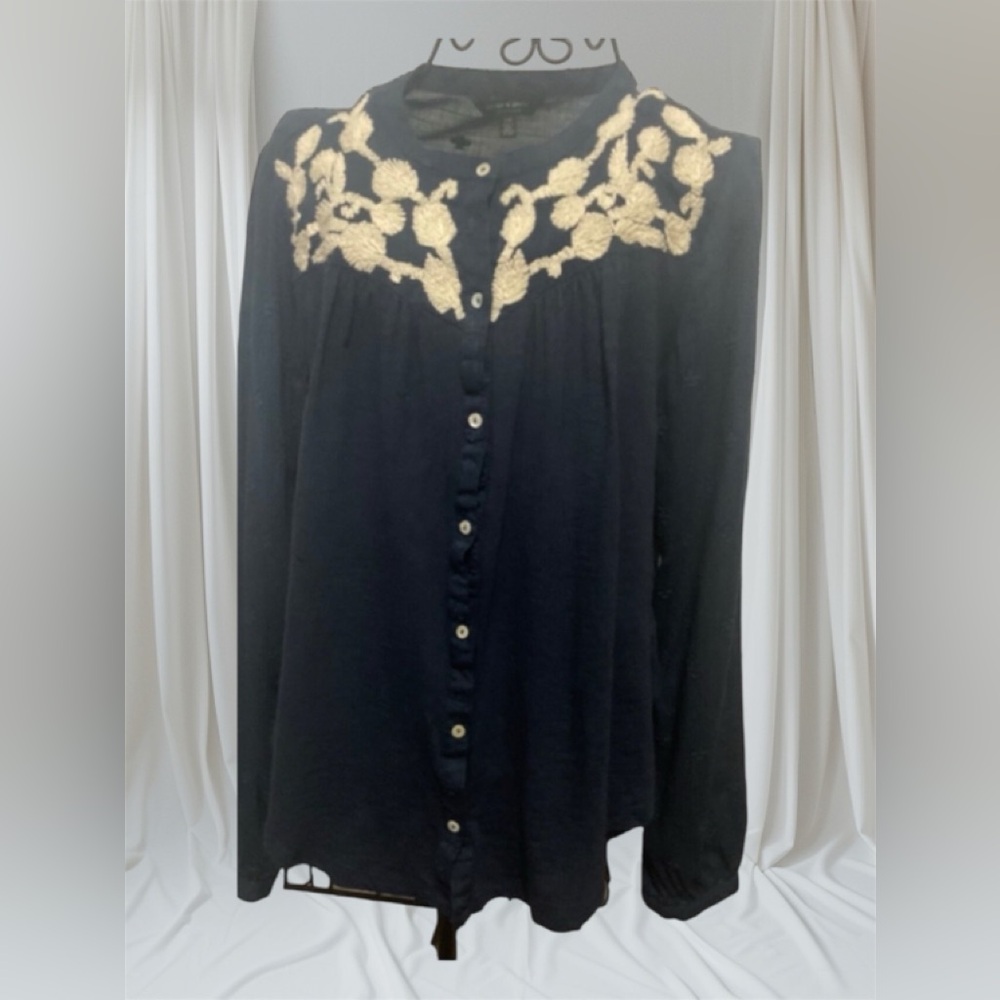 LUCKY BRAND Embroidered-Yoke Women Navy Blue Long Sleeve Button Down Blouse S-L